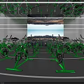 Modern Fitness Studio With Green Spin Bikes Large Screen Showing Outdoor Scenery And Mirror Walls