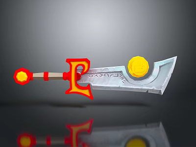 Decorative Sword With Red Circular Handle Yellow Letter E Silver Blade And Ornate Design 3d model