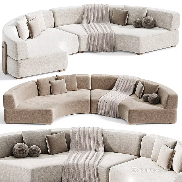 Beige U Shaped Sectional Sofa With Soft Throw Blanket And Decorative Pillows 3d model 