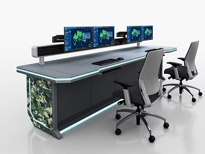Modern Functional Office Desk With Multiple Monitors Ergonomic Chairs And LED Strip Lights 3d model