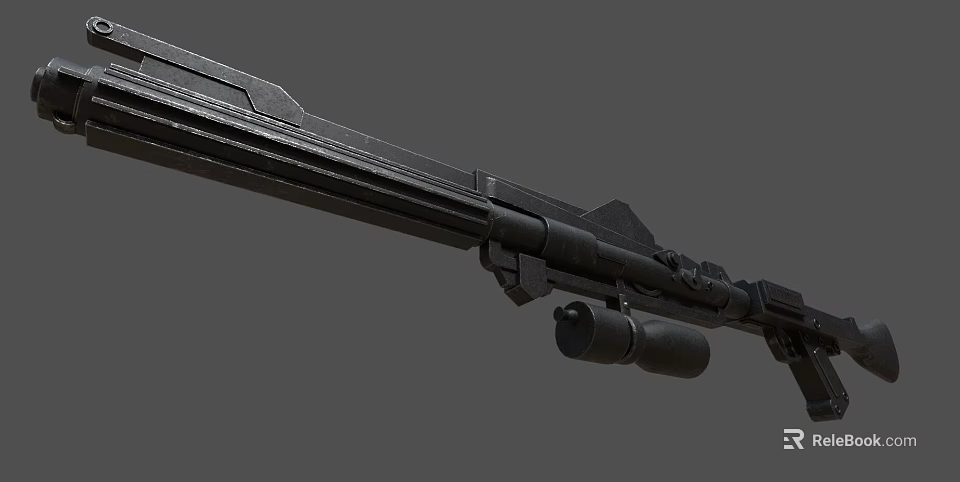 Black Tactical Rifle With Hanging Grenade And Sleek Design Features 3d model 