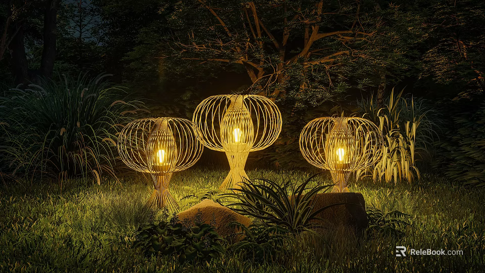 Woven Lantern Shaped Outdoor Lights Illuminating Nighttime Garden With Plants And Trees 3d model 