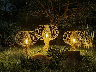 Woven Lantern Shaped Outdoor Lights Illuminating Nighttime Garden With Plants And Trees 3d model