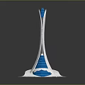 Cartoon Scene Featuring Tall Tower Structure With Blue And White Wavy Base Design