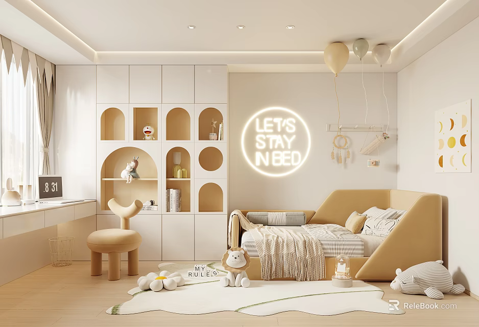 Kids Room Interior Design With White Storage Cabinets Neon Sign Beige Sofa Bed Stuffed Toys 3d model 