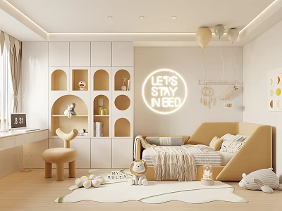 Kids Room Interior Design With White Storage Cabinets Neon Sign Beige Sofa Bed Stuffed Toys 3d model