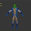 Superhero Figure In Yellow And Blue Costume With Yellow Mask Muscular Build Standing Pose