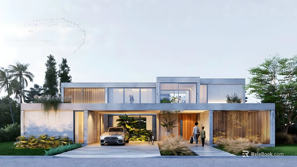 Modern Detached Villa Exterior Design Featuring Garage Car Entrance People And Lush Greenery Landscaping 3d model 