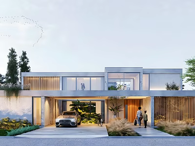Modern Detached Villa Exterior Design Featuring Garage Car Entrance People And Lush Greenery Landscaping 3d model
