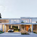 Modern Detached Villa Exterior Design Featuring Garage Car Entrance People And Lush Greenery Landscaping
