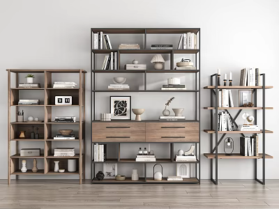 Wooden Shelving Units in Modern Room with White Walls Wooden Floor Holding Books Decor Vases Frames 3d model