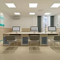 Medical Consultation Room With Light Green Curtains Wooden Paneling Digital Display And Heart Art