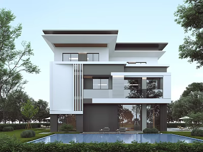Modern Two Story Detached Villa Exterior With Swimming Pool And Lush Greenery 3d model