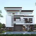 Modern Two Story Detached Villa Exterior With Swimming Pool And Lush Greenery