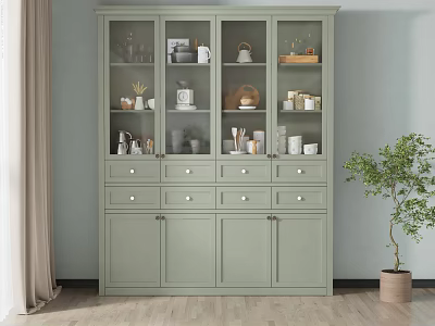 Light Green Display Cabinet Featuring Glass Door Upper Section And Decorative Items Inside 3d model