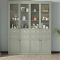 Light Green Display Cabinet Featuring Glass Door Upper Section And Decorative Items Inside
