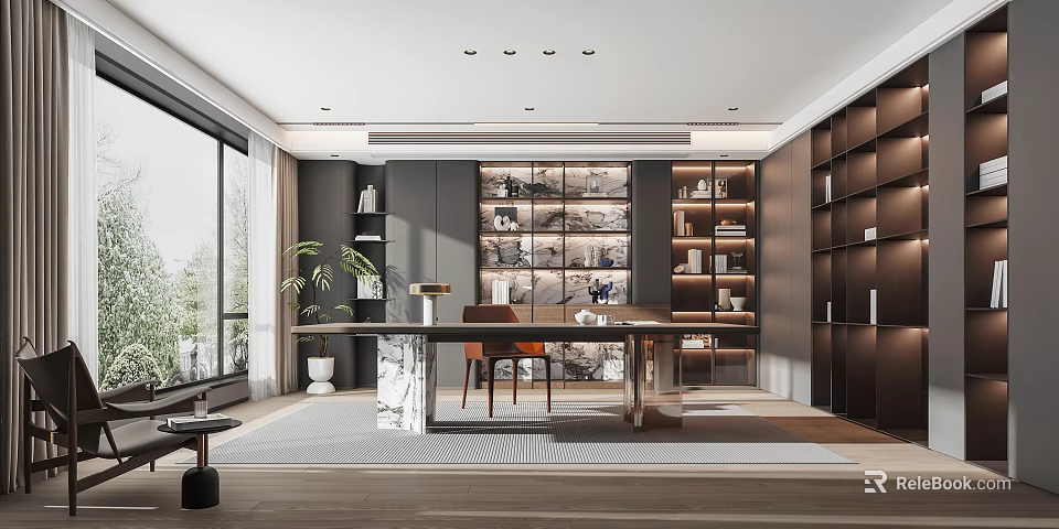Modern Study Room Interior With Large Windows Bookshelves Marble Desk And Greenery 3d model 