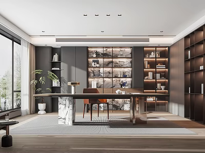 Modern Study Room Interior With Large Windows Bookshelves Marble Desk And Greenery 3d model