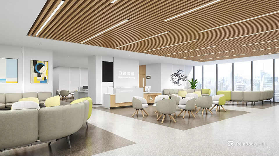 Modern Hospital Outpatient Clinic Waiting Area With Reception Desk Comfortable Chairs Artwork And Plants 3d model 