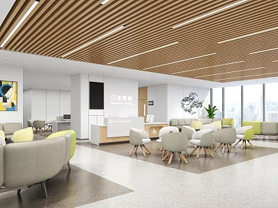 Modern Hospital Outpatient Clinic Waiting Area With Reception Desk Comfortable Chairs Artwork And Plants 3d model