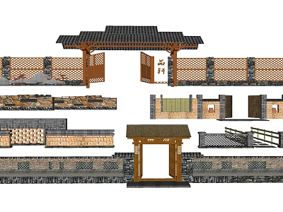 Chinese Traditional Entrance Gate With Wooden Structure Tiled Roof And Enclosure Walls Design 3d model
