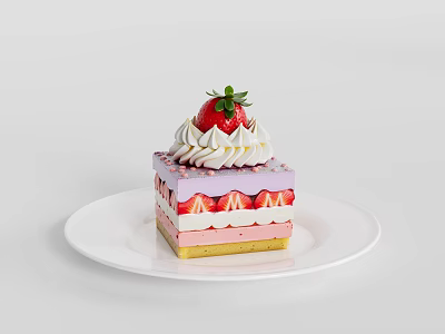 Square Layered Cake With Fresh Strawberry Cream Colorful Layers And Strawberry On White Plate 3d model