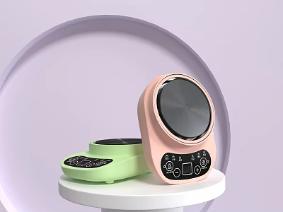 Smart Pink and Green Cooking Machine on White Round Table with Light Purple Circle Background 3d model
