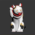 White Maneki Neko Figurine With Black Spots Red Polka Dot Bow And Raised Paw