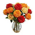 Beautiful Multicolored Roses Arrangement In Transparent Glass Vase With Green Leaves