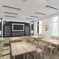 Kindergarten Classroom Interior With Blackboard Children's Drawings Wooden Tables Chairs White Walls Windows Ceiling Lights
