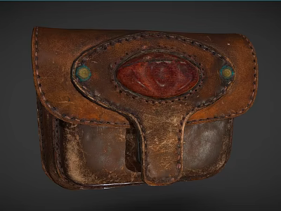 Vintage Leather Pouch With Stitching Red Oval Decoration And Green Rivets For Rustic Craftsmanship 3d model