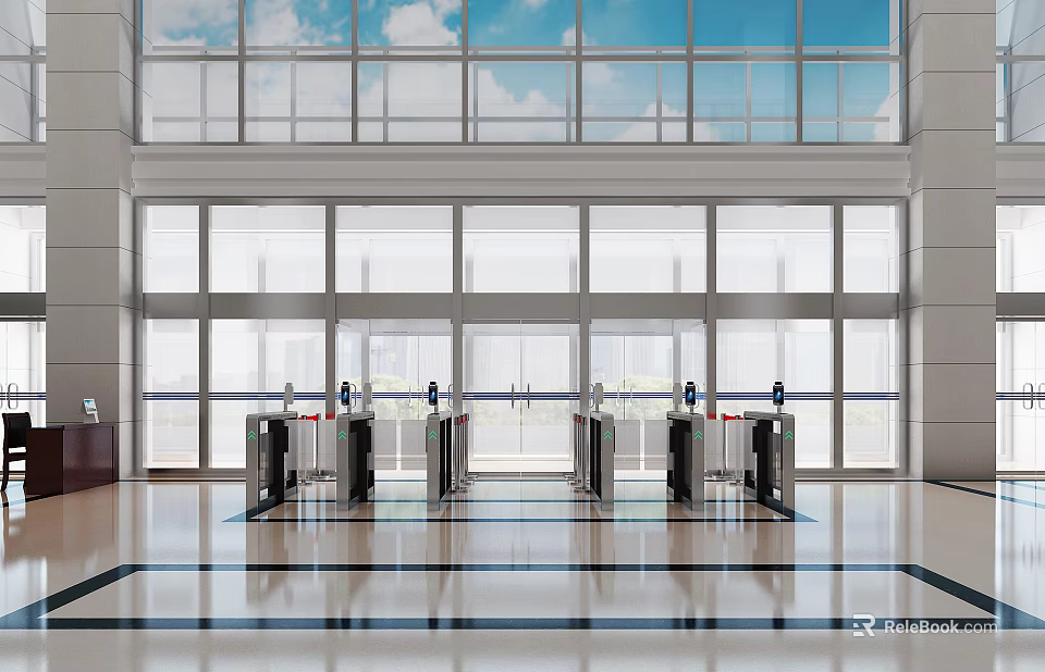 Public Facility Entrance Hall With Security Turnstiles Large Glass Windows And Bright Interior 3d model 