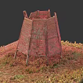Cartoon Scene of Old Wooden Watchtower with Green Grass and Plants in Rustic Model Setting