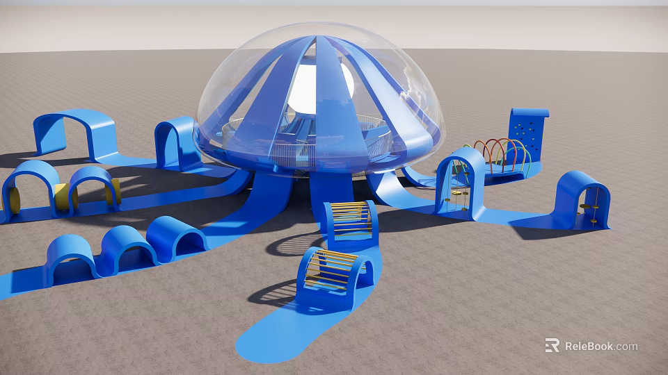 Fun Blue Playground Equipment With Transparent Dome Slides And Curved Benches 3d model 