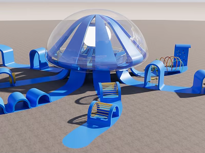 Fun Blue Playground Equipment With Transparent Dome Slides And Curved Benches 3d model