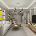 Modern Living and Dining Room Interior With Sofa Dining Table Chandelier Green Plants And Artwork