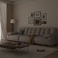 Cream Colored Leather Three Seater Sofa with Throw Blanket and Wall Art in Living Room