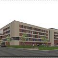 Modern School Building Exterior With White Red Brick Facade Large Windows Green Lawns And Trees