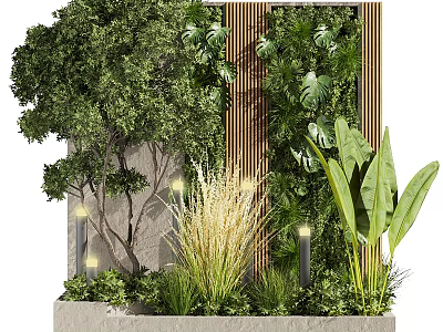 Courtyard Garden With Lush Green Plants Wooden Slat Screen Stone Backdrop And Outdoor Lighting 3d model