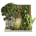 Courtyard Garden With Lush Green Plants Wooden Slat Screen Stone Backdrop And Outdoor Lighting