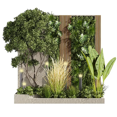 Courtyard Garden With Lush Green Plants Wooden Slat Screen Stone Backdrop And Outdoor Lighting 3d model