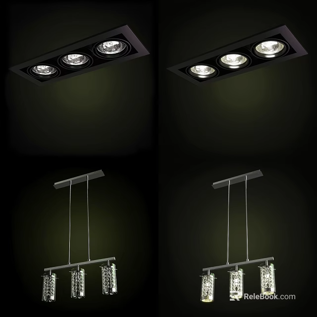 Modern Stylish Lighting Fixtures Combination With Recessed Spotlights And Crystal Pendant Lights 3d model 
