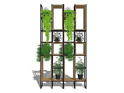 Modern Stylish Bookshelf With Wooden Metal Structure Multiple Shelves And Hanging Potted Plants 3d model