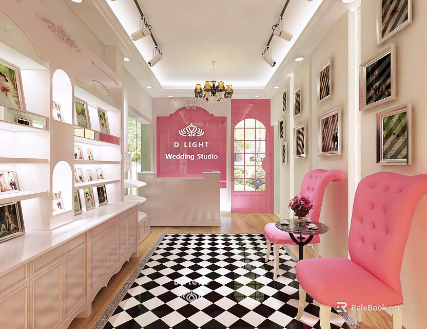 Elegant Bridal Shop Interior With Pink Walls White Cabinets Checkered Floor And Chandelier 3d model 