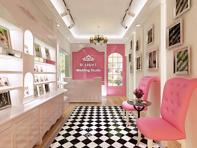 Elegant Bridal Shop Interior With Pink Walls White Cabinets Checkered Floor And Chandelier 3d model
