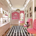 Elegant Bridal Shop Interior With Pink Walls White Cabinets Checkered Floor And Chandelier