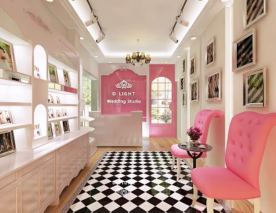 Elegant Bridal Shop Interior With Pink Walls White Cabinets Checkered Floor And Chandelier 3d model