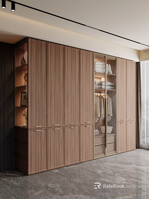 Modern Wooden Wardrobe Design with Glass Door Section Metal Handles and Built in Storage Compartments 3d model 