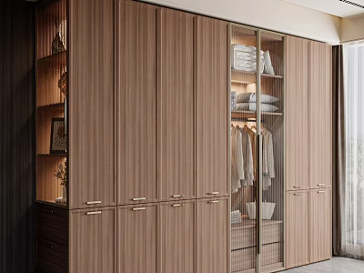 Modern Wooden Wardrobe Design with Glass Door Section Metal Handles and Built in Storage Compartments 3d model