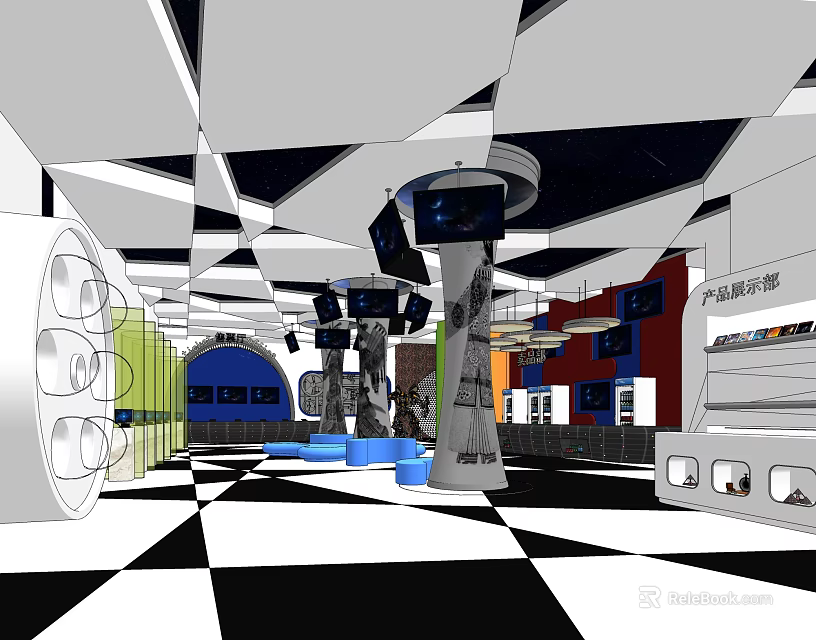 Modern Cinema Interior Design With Black And White Checkered Floor Columns And Screens 3d model 